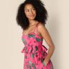 imageAmazon Essentials Womens Fit and Flare Cotton Sateen Empire Waist Midi Ruffle DressHot Pink Red Leafy Floral