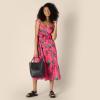 imageAmazon Essentials Womens Fit and Flare Cotton Sateen Empire Waist Midi Ruffle DressHot Pink Red Leafy Floral
