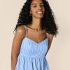 imageAmazon Essentials Womens Fit and Flare Empire Waisted Cotton Sateen Tiered Maxi DressBlue White Stripe