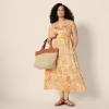 imageAmazon Essentials Womens Fit and Flare Empire Waisted Cotton Sateen Tiered Maxi DressGolden Yellow Beige Multi Folk Floral