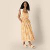 imageAmazon Essentials Womens Fit and Flare Empire Waisted Cotton Sateen Tiered Maxi DressGolden Yellow Beige Multi Folk Floral