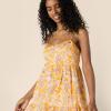 imageAmazon Essentials Womens Fit and Flare Empire Waisted Cotton Sateen Tiered Maxi DressGolden Yellow Beige Multi Folk Floral