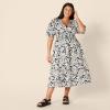 imageAmazon Essentials Womens RegularFit Cotton Sateen Puff Sleeve Midi DressBlack Ivory Folk Floral