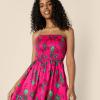 imageAmazon Essentials Womens RegularFit Cotton Sateen Smocked Bodice Short DressHot Pink Red Leafy Floral