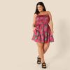 imageAmazon Essentials Womens RegularFit Cotton Sateen Smocked Bodice Short DressHot Pink Red Leafy Floral