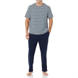 imageAmazon Essentials Mens Cotton Modal TShirt and FullLength Bottom Pajama SetBlack Navy Mix Stripe