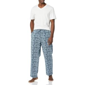imageAmazon Essentials Mens Cotton Poplin Pant with Cotton Jersey TShirt Pajama SetBlue Palm LeafWhite