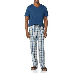 imageAmazon Essentials Mens Cotton Poplin Pant with Cotton Jersey TShirt Pajama SetIndigoNavy Plaid
