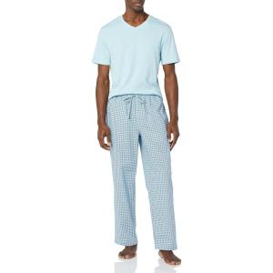 imageAmazon Essentials Mens Cotton Poplin Pant with Cotton Jersey TShirt Pajama SetLight Blue Geo Print