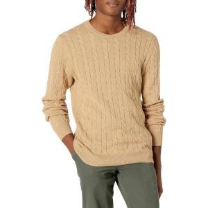 imageAmazon Essentials Mens Crewneck Cable Cotton SweaterCamel Heather