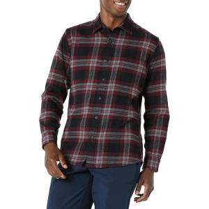 imageAmazon Essentials Mens Flannel Shirts Long Sleeve SlimFit Button Down PlaidBlack Burgundy Plaid