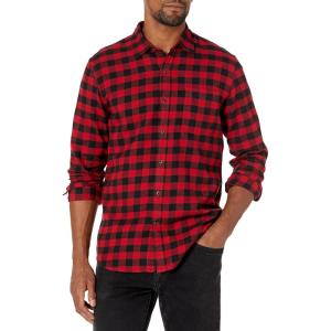 imageAmazon Essentials Mens Flannel Shirts Long Sleeve SlimFit Button Down PlaidBlack Red Buffalo Plaid