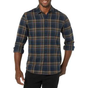imageAmazon Essentials Mens Flannel Shirts Long Sleeve SlimFit Button Down PlaidBrown Dark Navy Plaid