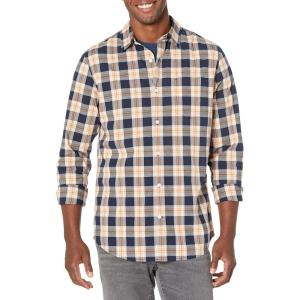 imageAmazon Essentials Mens LongSleeve SlimFit Stretch Poplin ShirtNavy Peach Plaid
