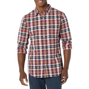 imageAmazon Essentials Mens LongSleeve SlimFit Stretch Poplin ShirtNavy Red White Plaid