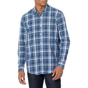 imageAmazon Essentials Mens RegularFit LongSleeve Casual Poplin ShirtNavy Medium Plaid