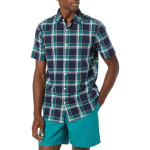 imageAmazon Essentials Mens SlimFit ShortSleeve Poplin ShirtNavy Green Plaid