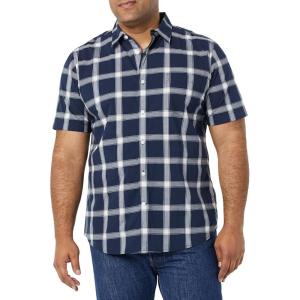 imageAmazon Essentials Mens SlimFit ShortSleeve Poplin ShirtNavy White Buffalo Plaid
