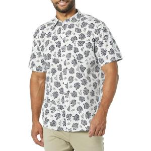 imageAmazon Essentials Mens SlimFit ShortSleeve Poplin ShirtWhite Navy Palm Tree