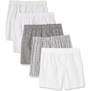 imageAmazon Essentials Mens Woven Cotton Boxer Short Underwear Available in Big ampampTall Pack of 5Arrow GeoBright WhiteOlive Ditsy FloralPlaidWhite