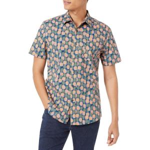 imageAmazon Essentials SlimFit Mens Short Sleeve Button Down ShirtDark Blue Pale Peach Pineapple