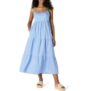 imageAmazon Essentials Womens Fit and Flare Empire Waisted Cotton Sateen Tiered Maxi DressBlue White Stripe