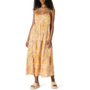 imageAmazon Essentials Womens Fit and Flare Empire Waisted Cotton Sateen Tiered Maxi DressGolden Yellow Beige Multi Folk Floral