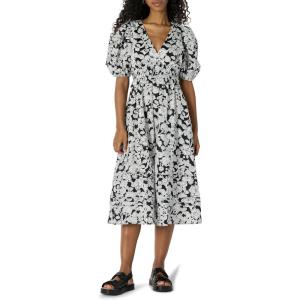 imageAmazon Essentials Womens RegularFit Cotton Sateen Puff Sleeve Midi DressBlack Ivory Folk Floral