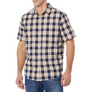 imageAmazon Essentials mens Shortsleeve Regularfit Stretch Poplin ShirtNavy Peach Plaid