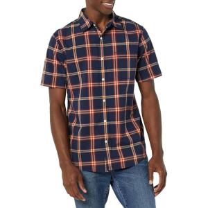 imageAmazon Essentials mens Shortsleeve Regularfit Stretch Poplin ShirtNavy Red Plaid