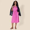 imageAmazon Essentials Womens Fit and Flare HalfSleeve Waisted Midi ALine Dress with PocketsBright Pink