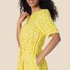 imageAmazon Essentials Womens Fit and Flare HalfSleeve Waisted Midi ALine Dress with PocketsWhite Yellow Petal Print