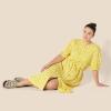 imageAmazon Essentials Womens Fit and Flare HalfSleeve Waisted Midi ALine Dress with PocketsWhite Yellow Petal Print