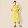 imageAmazon Essentials Womens Fit and Flare HalfSleeve Waisted Midi ALine Dress with PocketsWhite Yellow Petal Print