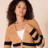imageAmazon Essentials Womens Soft Touch Ribbed Blouson CardiganCamel Heather Black Stripe
