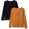imageAmazon Essentials Womens Cinched VNeck Long Sleeve SlimFit RibKnit TShirt Pack of 2BlackCaramel