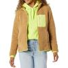 imageAmazon Essentials Womens Sherpa LongSleeve Mock Neck FullZip Jacket with Woven Trim Available in Plus SizeCamel Neon Yellow Color Block