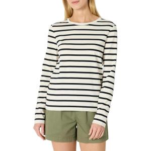 imageAmazon Essentials Womens 100 Cotton RegularFit LongSleeve Crewneck TShirtEggshell White Black Mariner Stripe