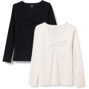 imageAmazon Essentials Womens Cinched VNeck Long Sleeve SlimFit RibKnit TShirt Pack of 2BlackEggshell White