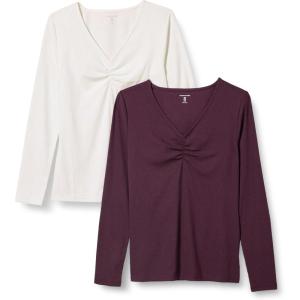 imageAmazon Essentials Womens Cinched VNeck Long Sleeve SlimFit RibKnit TShirt Pack of 2BurgundyEggshell White