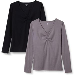 imageAmazon Essentials Womens Cinched VNeck Long Sleeve SlimFit RibKnit TShirt Pack of 2GreyBlack