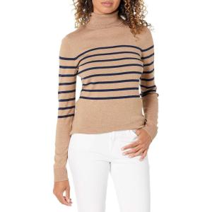 imageAmazon Essentials Womens ClassicFit Lightweight LongSleeve Turtleneck Sweater Available in Plus SizeCamel Navy Placed Stripe