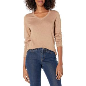 imageAmazon Essentials Womens ClassicFit Lightweight LongSleeve VNeck Sweater Available in Plus SizeCamel Heather