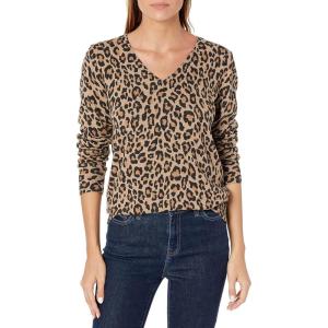 imageAmazon Essentials Womens ClassicFit Lightweight LongSleeve VNeck Sweater Available in Plus SizeCamel Leopard