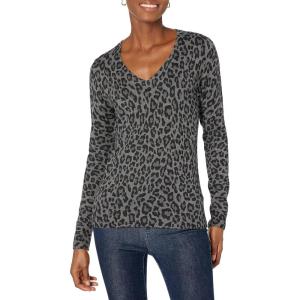 imageAmazon Essentials Womens ClassicFit Lightweight LongSleeve VNeck Sweater Available in Plus SizeGrey Heather Leopard Print