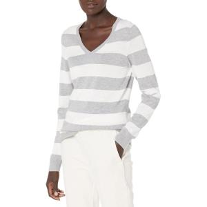 imageAmazon Essentials Womens ClassicFit Lightweight LongSleeve VNeck Sweater Available in Plus SizeLight Grey Heather White Rugby Stripe