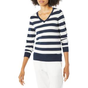 imageAmazon Essentials Womens ClassicFit Lightweight LongSleeve VNeck Sweater Available in Plus SizeNavy White Rugby Stripe