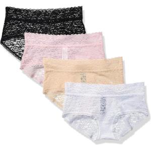 imageAmazon Essentials Womens Comfortable Lace Stretch Hipster Underwear Pack of 4BlackCamelLight PinkLilac