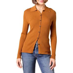 imageAmazon Essentials Womens Fine Gauge Stretch Polo Ribbed Cardigan Previously Daily RitualDark Caramel