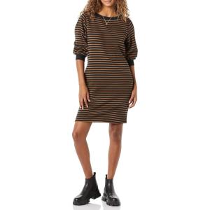 imageAmazon Essentials Womens Fleece Blouson Sleeve Boatneck Sweatshirt Dress Available in Plus SizeBlack Camel Stripe